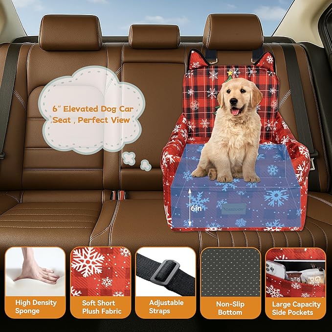 CABZOON Christmas Dog Car Seat for Small/Medium Dogs Up to 35lbs,Elevated Cushion Fits in Front/Back Seat,Travel Safety Per Car Bed with Washable Removable Cover, Storage 2 Pockets Christmas Tree