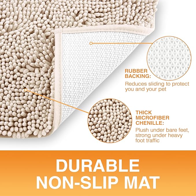 Neater Pets Chenille Dog Door Mat 36” x 24” – Super Absorbent & Quick-Dry Muddy Paws Doormat for Trapping Dirt, Water, Mud - Non-Slip & Machine Washable Pet Rugs for Entryway, Indoor Mud Mats, Beige