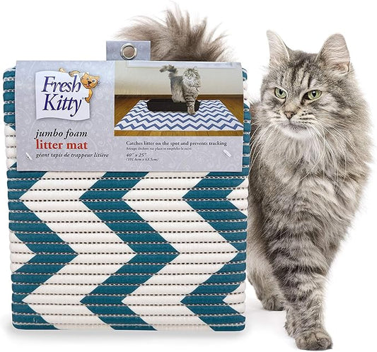 Fresh Kitty Durable XL Jumbo Foam Litter Mat – Phthalate and BPA Free, Water Resistant, Traps Litter from Box, Scatter Control, Easy Clean Mats – Chevron, Blue/White Chevron (9035)