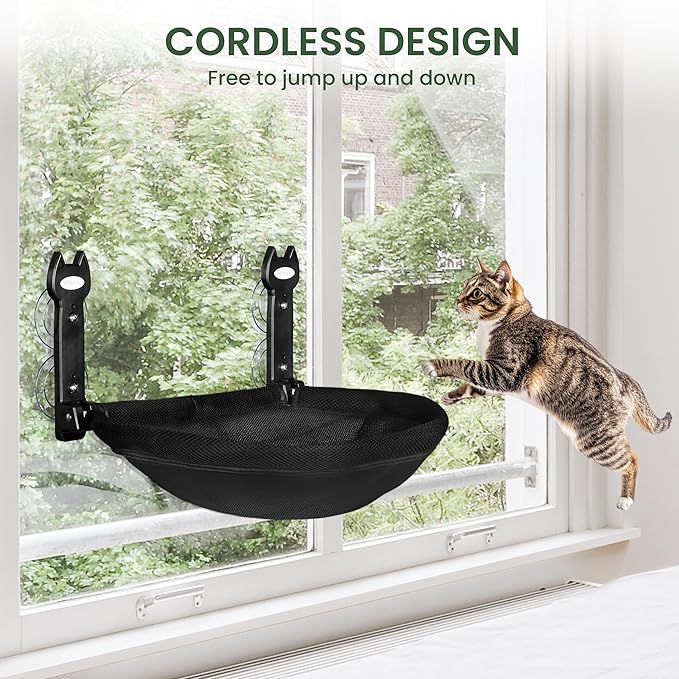 HiPetpy Cat Window Perch, Foldable Cat Hammock with Sunken Design, Breathable Cordless Window Bed with Stud Metal Frame for Large Cats and Kitten (Black Deep Perch, Medium)