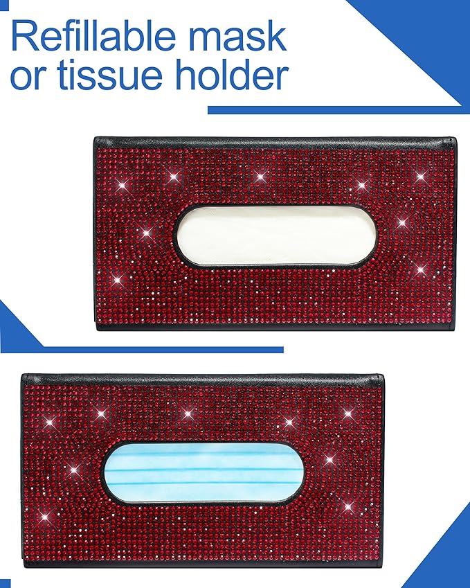 Bling Car Sun Visor Tissue Box Holder,PU Leather with Bling Crystal Rhinestones Tissue Holder,Car Accessories for Women (Red)