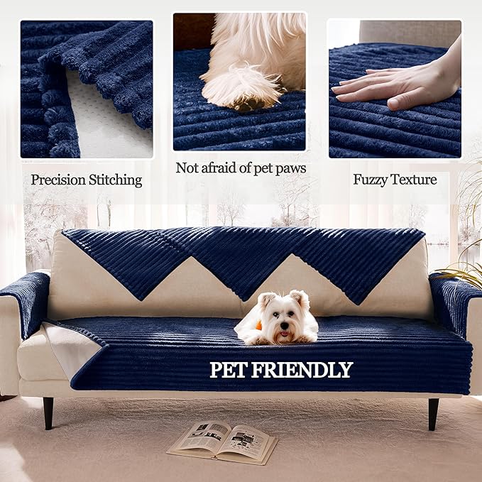 Meider Dual Non-Slip Couch Cover for Dogs Waterproof, Fuzzy Soft Pet Couch Covers for Sofa 3 Cushion, Pet Friendly Soft Dog Bed Covers Sofa Cover Washable (Navy Blue, 33" x 85" 1 Pack)