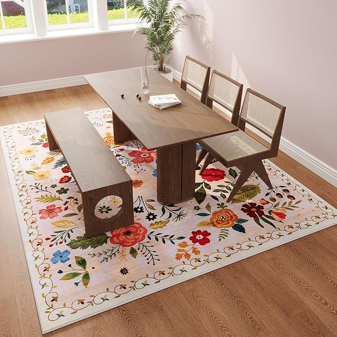 Rugcomf Living Room Rug 6x9 Rug Machine Washable Boho Area Rug Non Slip Floral Vintage Low Pile Large Rug for Living Room, Bedroom, Farmhouse, Dining Room, Kids Playroom(Beige)