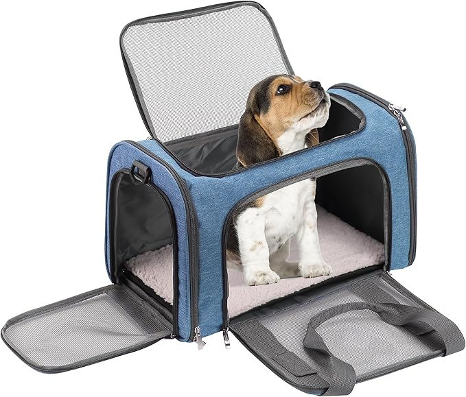 Mr. Pen- Pet Carrier, 17.5" x 11.2" x 11.5", Medium Size, Blue, Portable Travel Carrier for Small Pets, Cats & Small Dogs, Breathable Mesh, Safety Inner Leash, Side Pocket & Padded Shoulder Strap