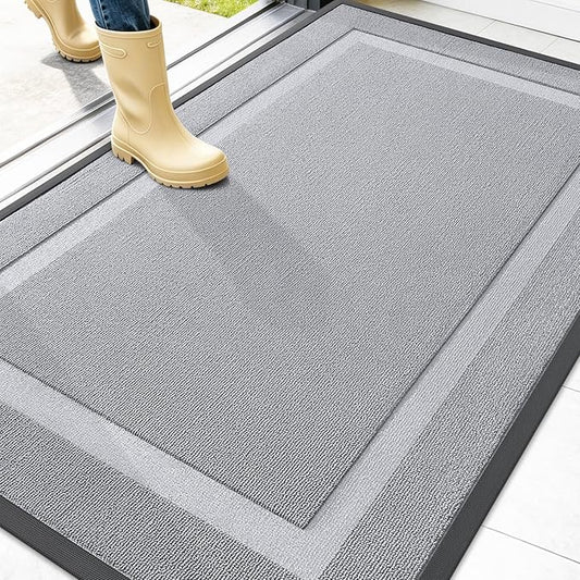 OLANLY Front Door Mat Indoor Outdoor Entrance, Waterproof All-Season, All-Weather Doormat, Sturdy Natural Rubber, Low Profile, Easy Clean Patio Porch Entryway Mat, 47x32, Silver Gray