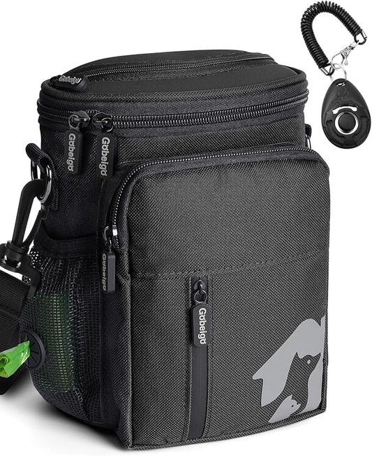 Gobeigo 8 Cup Dog Treat Pouch and Training Clicker, Dog Walking Bag with Phone Holder, Built-in Poop Bag Dispenser, 3 Ways Wearable Pet Fanny Pack for Outdoor Travel (Full Black)