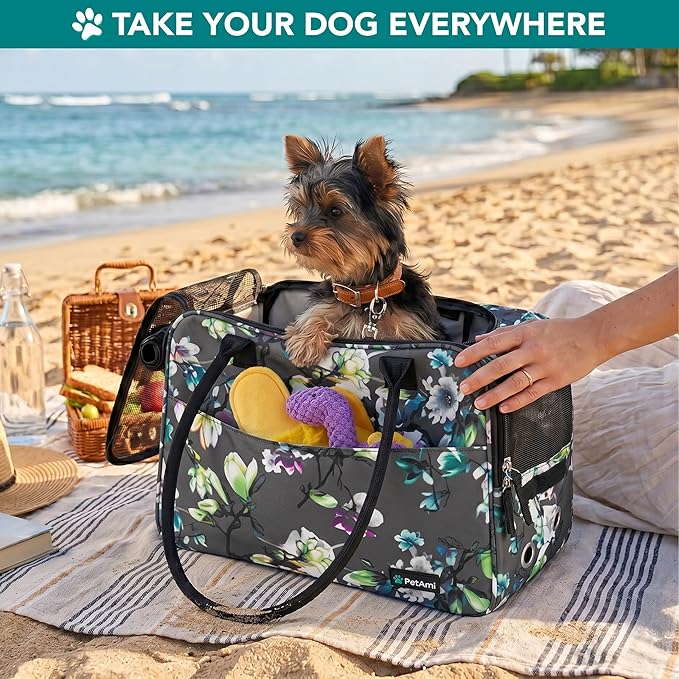PetAmi Dog Purse Carrier for Small Dogs, Airline Approved Soft Sided Pet Carrier with Pockets, Ventilated Dog Carrying Bag for Puppy Cat, Dog Travel Supplies Bag, Sherpa Bed, Max 12 lbs, Floral Gray