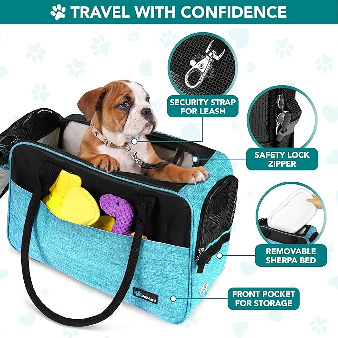 PetAmi Dog Purse Carrier for Small Dogs, Airline Approved Soft Sided Pet Carrier with Pockets, Ventilated Dog Carrying Bag for Puppy Cat, Dog Travel Supplies Bag, Sherpa Bed, Max 12 lbs, Teal Blue