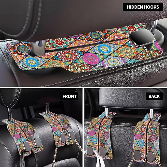 AEWNUNK Purse Hook for Car Vintage Boho Mandala Flowers 1 Pack Headrest Back Seat Hook Premium Leather Double Metal Hanger Storage Pack Bag Purse Holder Car Accessories