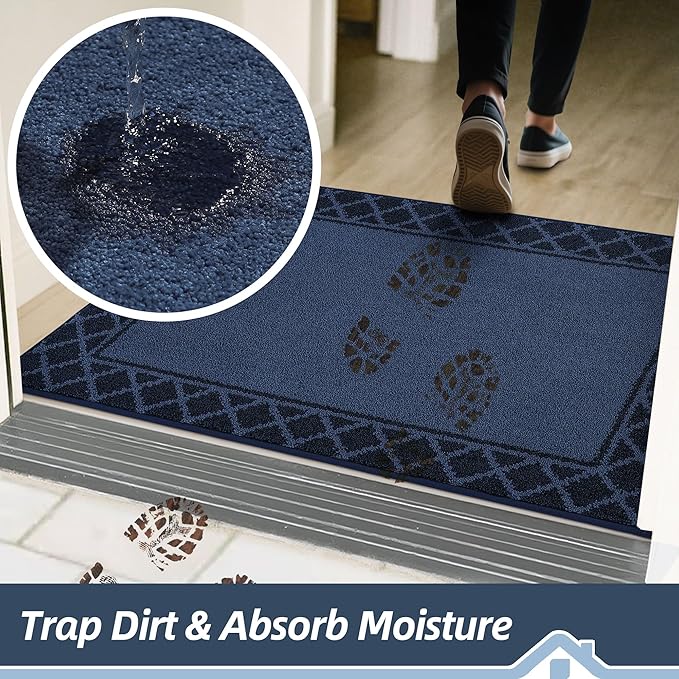 BEQHAUSE Door Mat Dirt Trapper Non Slip Entryway Rugs Absorbent Welcome Mat Low Profile Washable Front Door Mat for Muddy Paws,Entrance,Hallway, 36" x 60",Navy Blue
