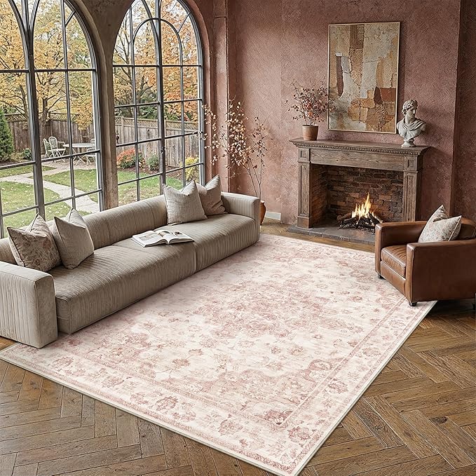 10x12 Neutral Area Rug Pink Vintage Living Room Bedroom Washable Carpet Non-Slip Soft Low Pile Farmhouse Indoor Large Throw Rug for Dining Room Office