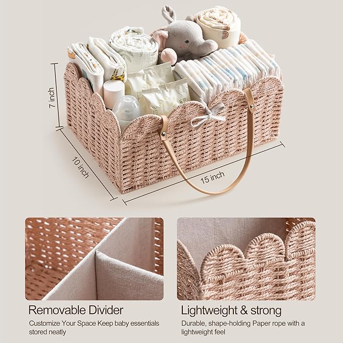 HBlife Baby Diaper Caddy, Paper Rope Storage Baskets Nursery Bin with Removable Divider, Portable Car Organizer for Diapers, Baby Shower Gifts, Newborn Essentials Must Haves