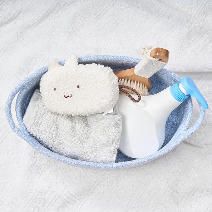 Small Woven Gift Basket Empty with Bag & Ribbon - Gifts for Mom, Baby Shower, Birthdays & Raffle - Cotton Rope Storage Basket for Dog Toys or Shelf - 12"x8"x5", Blue, 2 Packs