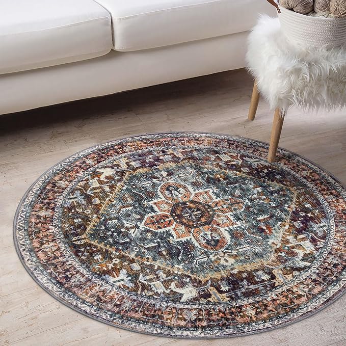 KOZYFLY Boho Round Rug 3 Ft Rugs for Entryway Washable Circle Rug Non Slip Doormat Printed Faux Wool Vintage Round Entryway Rug Floor Carpet Round for Entrance, Bedroom, Brick Red/Orange/Green