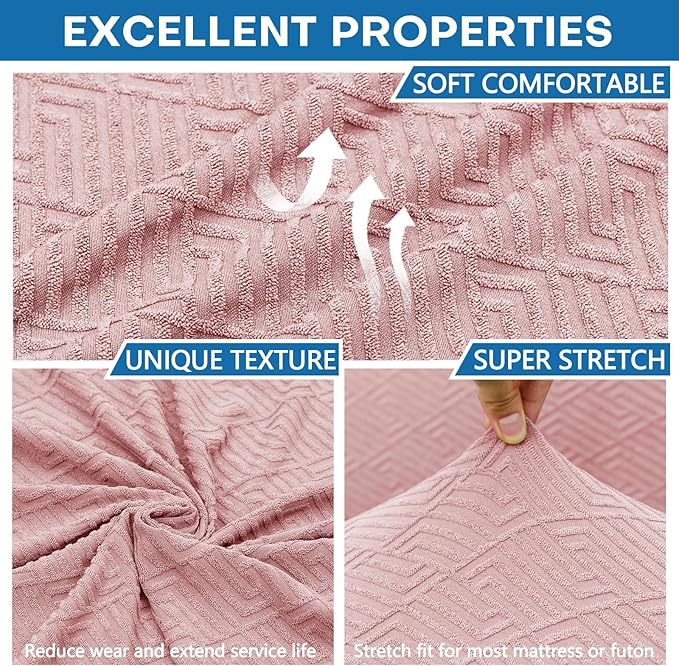 ZNSAYOTX Stretch Fit Futon Cover (67"-82") Armless Futon Sofa Bed Slipcover with Elastic Band, Universal Foldable Sofa Mattress Protector Full Queen Size, Washable Comfort Jacquard (Rose)