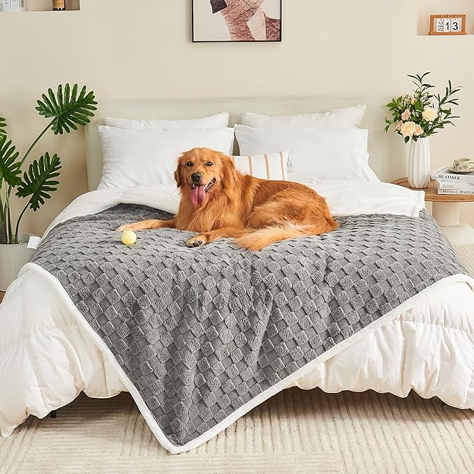 Yaning Checkered Waterproof Blanket for Bed Couch Sofa Car, Fluffy Soft Dog Blanket with 3D Jacquard Grid Pattern, Reversible Leakproof Pet Blankets for Dogs Cats Puppies, Grey, 60"x80"