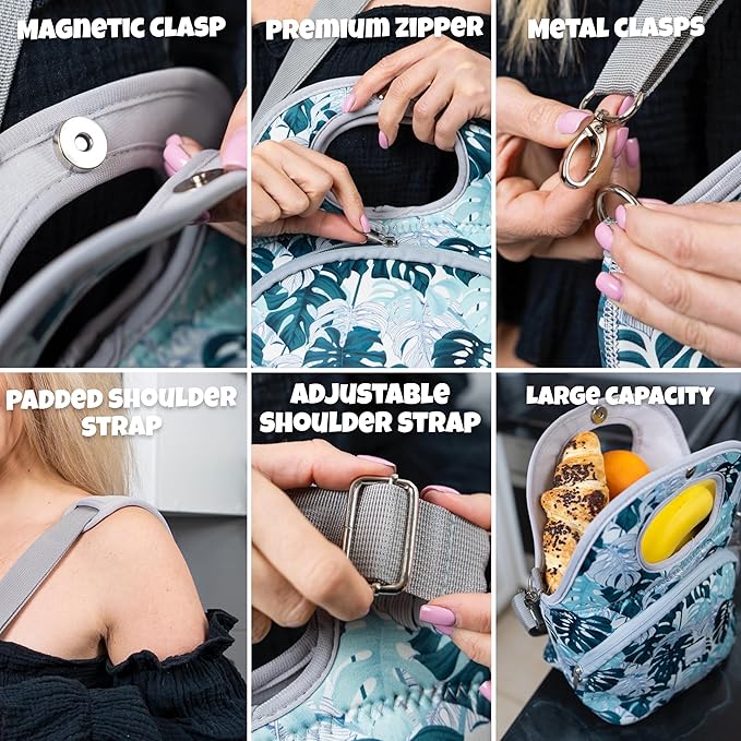 Made Easy Kit Large Insulated Lunch Tote Bag – Stylish Neoprene Carrier Foil Lining, Front Zipper Pocket & Shoulder Strap – Machine Washable, Lightweight, Travel Ready (House Jungle Plant)