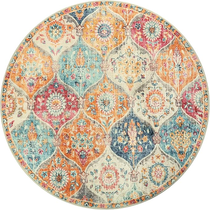 Lahome Round Moroccan Washable Rug, Soft Vintage Small Round Rug 3ft Non-Slip, Ultra-Thin Distress Circle Carpet for Bedroom Entryway Kitchen Bathroom Elise, Burnt Orange