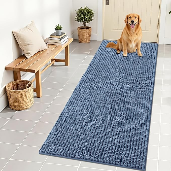 OLANLY Dog Door Mat for Muddy Paws 70x24, Ultra Absorbent Chenille Mud Doormat, Non-Slip Washable and Dirt Trapping Doormat for Indoor Entryway, Quick-Dry Indoor Pet Bed Mats for Dogs, Airy Blue