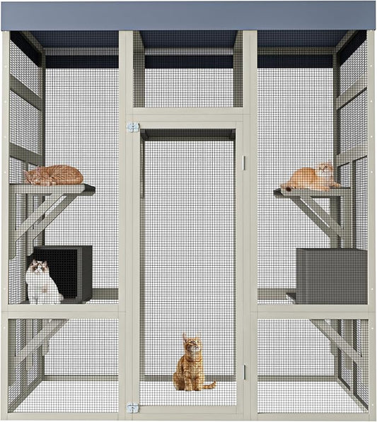LOVMOR 62.6" Outdoor Wooden Catio for Cats, Large Cat Enclosure with Waterproof Roof, 2 Cat Houses & Platforms, Secure Rust-Proof Wire Pet Cage for Patio or Backyard