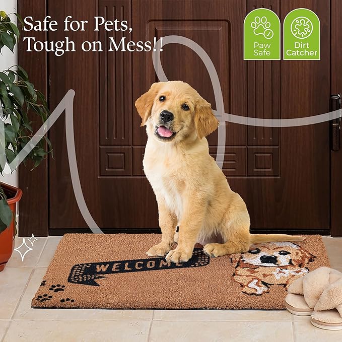 COCONIQ Coir Door Mats 17" X 30", Non-Slip Sturdy, PVC Backed Heavy Duty, Easy to Clean, Ideal for Door Entrance, Patio, Porch, Backyard, Garages, Cute Little Puppy Welcome