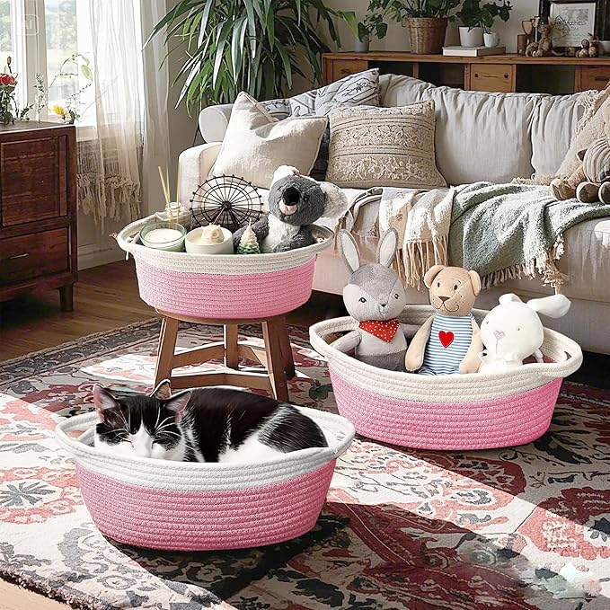 Woven Cotton Rope Storage Baskets with Handles,3-Pack Multi-Use Organizer for Shelves, Wardrobe, Living Room, Bedroom,Toy Storage Empty Gift Basket,Pink Basket