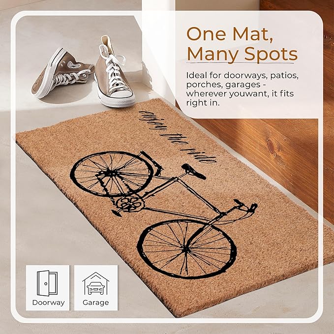 COCONIQ Coir Door Mats 17" X 30", Non-Slip Sturdy, PVC Backed Heavy Duty, Easy to Clean, Ideal for Door Entrance, Patio, Porch, Backyard, Garages, Enjoy The Ride Vintage Bicycle