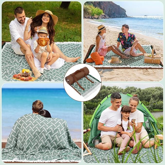 VitalCozy Waterproof Picnic Blankets Outdoor Blanket Foldable 2 in 1 Double Layer Sandproof Beach Mat with Carry Strap for Camping Lawn Park Beach Grass(Green White)