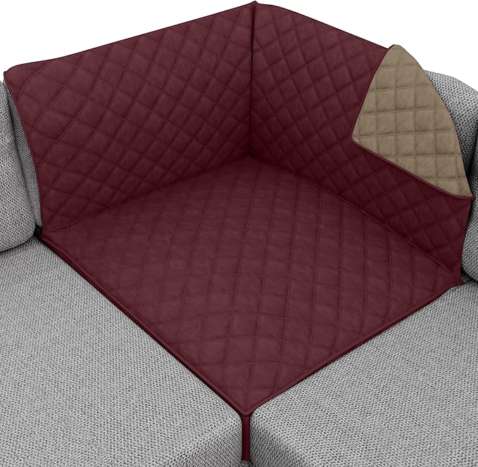 Sofa Shield Patented Sectional Couch Slip Cover, Cushion Protector, US Designed Reversible Stain and Dog Tear Resistant Slipcover, 30x30 inch Seat, Washable Covers for Dogs Pets, Burgundy Tan