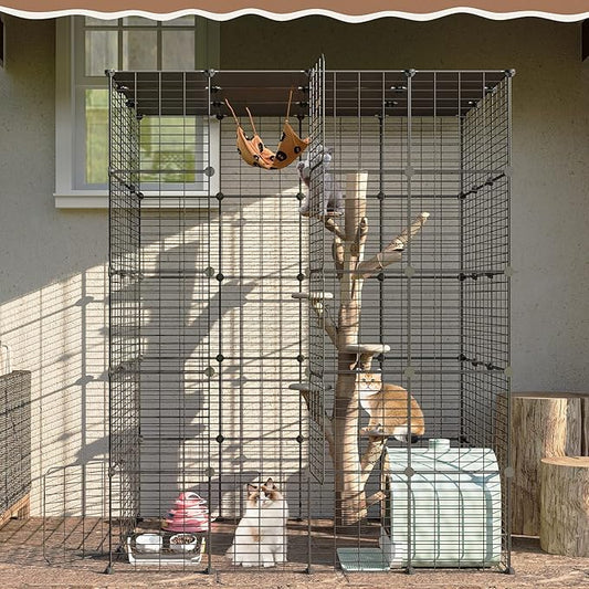Oneluck Outdoor Cat House Cages Enclosure with Super Large Enter Door, 55L x 41W x69H Balcony Playpen with Platforms, DIY Kennels Crate Large Exercise Place Ideal for 1-3 Cats (Without Platform)