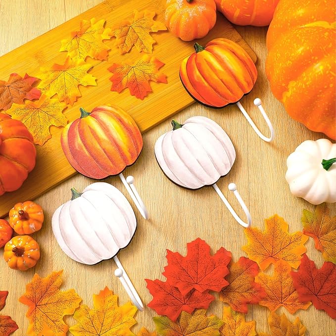Weysat 4 Pcs Autumn Pumpkin Wall Hooks Pumpkin Key Holder Fall Towel Hooks Thanksgiving Wall Decor Heavy Duty Clothes Hanger for Fall Bathroom Living Room Decor