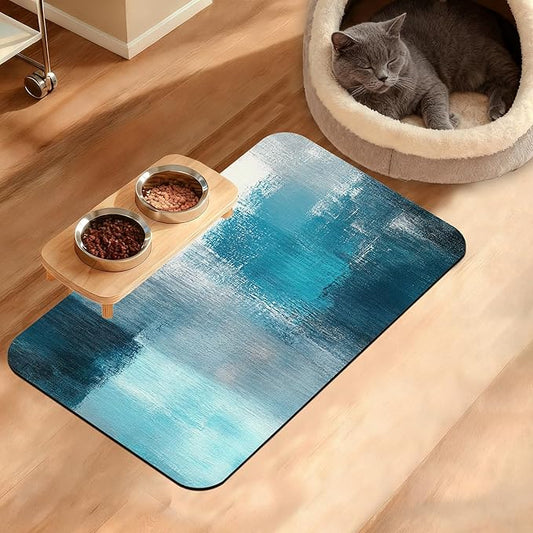 Pet Feeding Mat,Art Painting Absorbent Dog Cat Food Mat Grey Blue Dog Mat with Rubber Backing,Non-Slip Water Bowl Placemat,Pet Supplies 12" x 20"