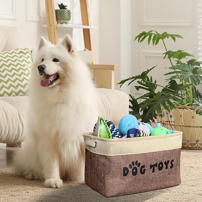 PET ARTIST Dog Toy Basket, Collapsible Dog Toy Bin Box, Large Pet Toy Storage Organizer with Comfortable Handles for Accessories, Toys, Coat & Clothing, Blanket & Leash, Brown-1, 15"x11"x9"