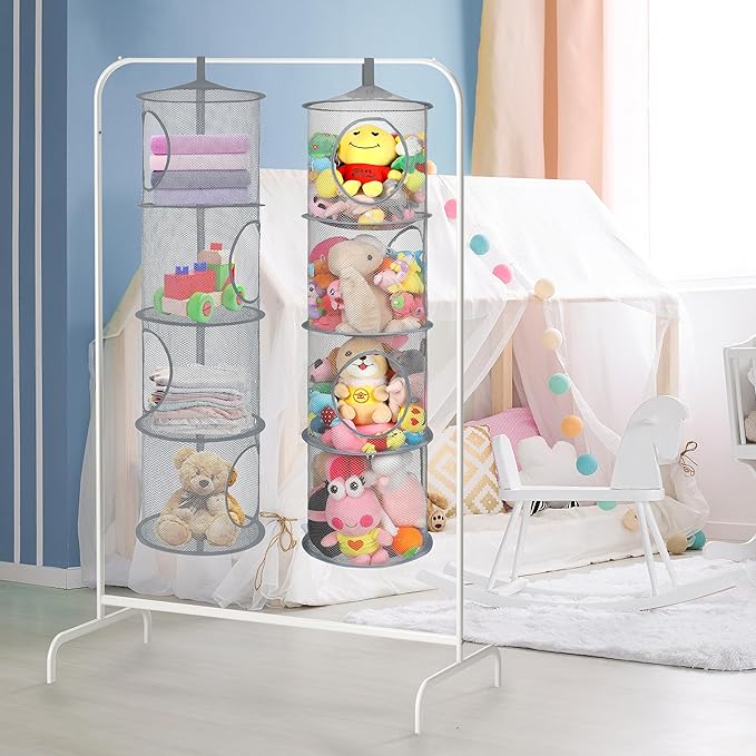 coastal rose 2Pcs Stuffed Animal Storage Foldable Stuffed Animal Net or Hammock Organizer, 4 Compartments Hanging Mesh Toy Storage Hammock for Kid Room Toys, Gloves, Hats, Socks（Grey）
