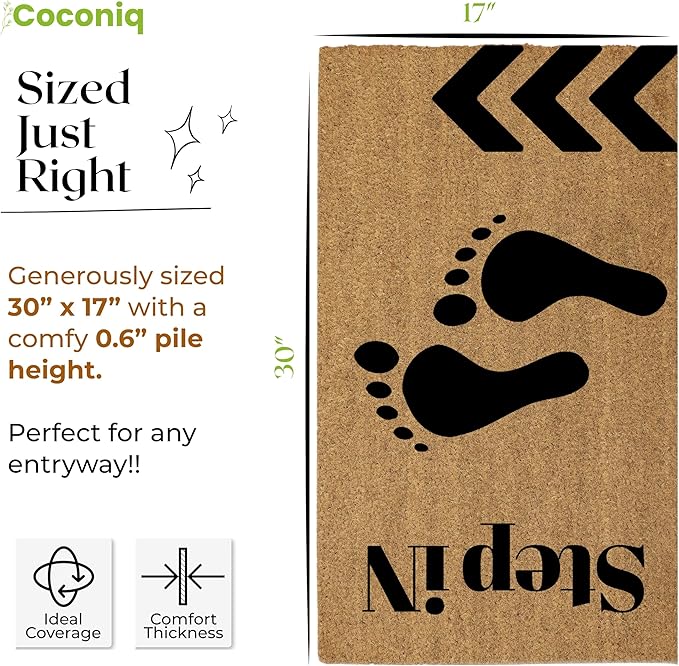 COCONIQ Coir Door Mats 17" X 30", Non-Slip Sturdy, PVC Backed Heavy Duty, Easy to Clean, Ideal for Door Entrance, Patio, Porch, Backyard, Garages, Step-in Footprints