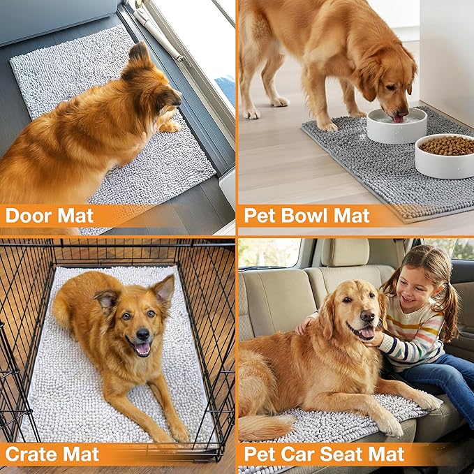 Neater Pets Chenille Dog Door Mat 24” x 17" – Super Absorbent & Quick-Dry Muddy Paws Doormat for Trapping Dirt, Water, Mud - Non-Slip & Machine Washable Pet Rugs for Entryway, Indoor Mud Mats, Gray