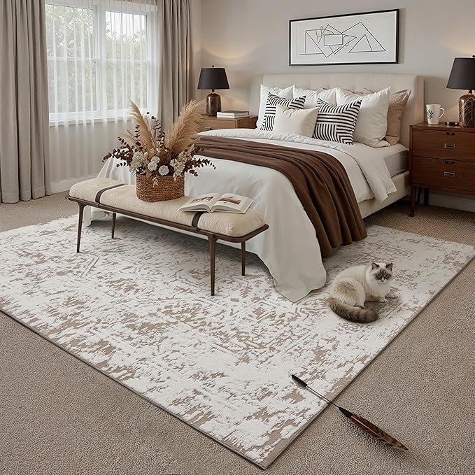 5x7 Fluffy Area Rug Brown Shag Neutral Throw Carpet for Living Room Soft Medium Pile Floral Throw Rug for Bedroom Dorm Office Dining Room Kitchen Modern Decor