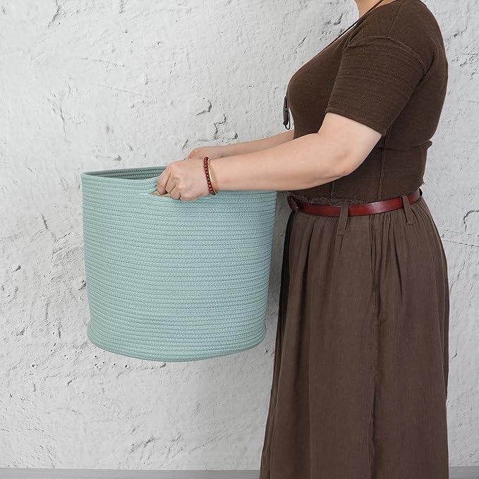 XUANGUO Cotton Rope Basket For Girls Boys Kids 16”X14” Baby Laundry Baskets Nursery Bin Round Woven Basket Organizer For Storage Toys Blankets Shoes Clothes green