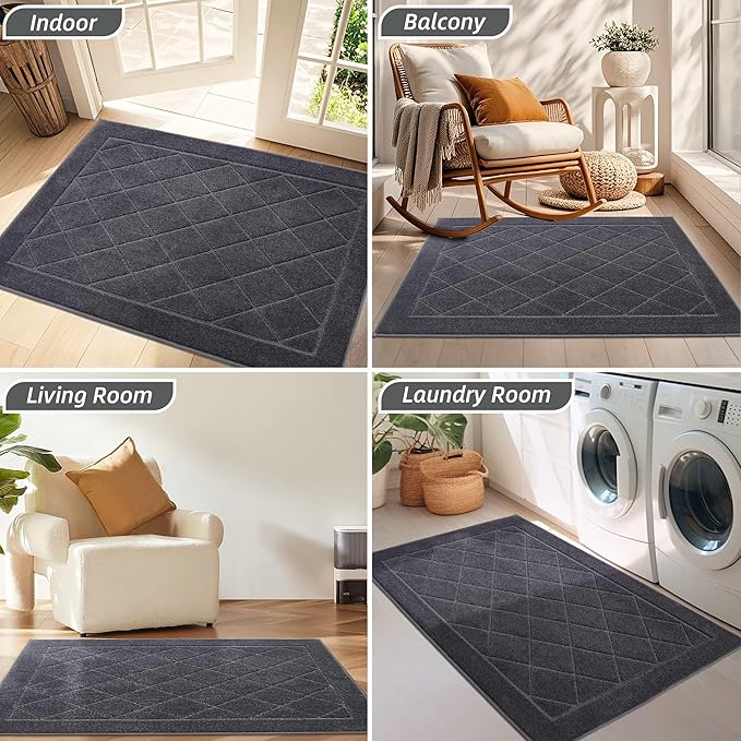 BEQHAUSE Dirt Trapper Door Mat 24" x 36", Doormat Non-Slip Entryway Rugs Washable, Dog Door Mat Stain Resistant and Absorbent Welcome Floor Mat for Front Back Door, Mud Wet Shoes & Paws, Dark Grey