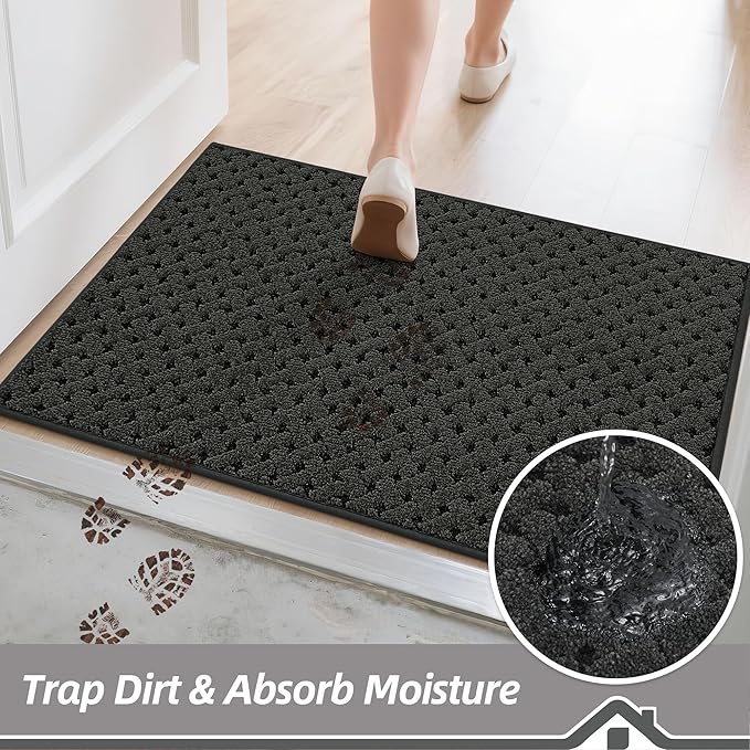BEQHAUSE Dirt Trapper Door Mat Non-Slip Entryway Rugs Stain Resistant Absorbent Dog Doormats Woven-Look Washable Welcome Floor Doormat For Front Back Door, Muddy Wet Shoes & Paws, 20" x 32", Dark Grey