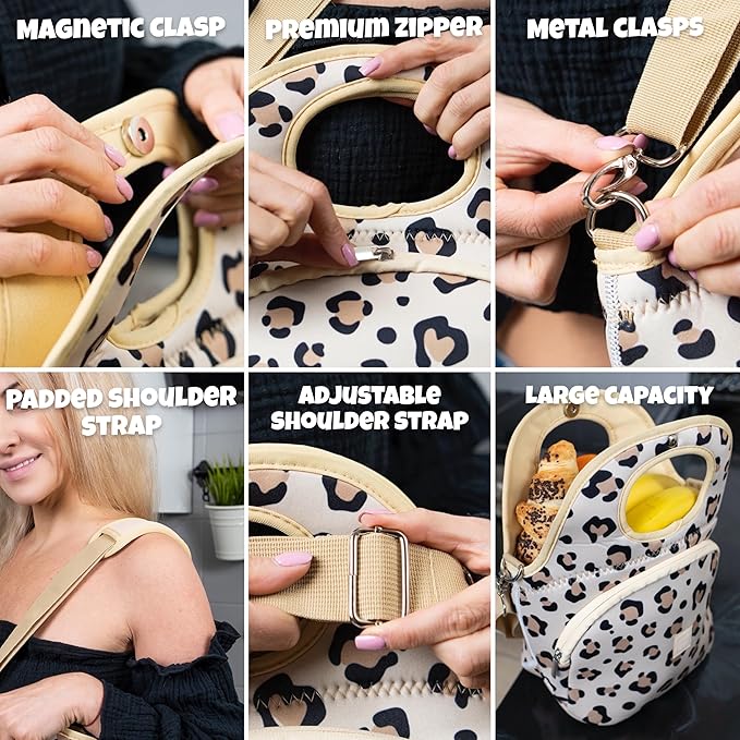 Made Easy Kit Large Insulated Lunch Tote Bag – Stylish Neoprene Carrier Foil Lining, Front Zipper Pocket & Shoulder Strap – Machine Washable, Lightweight, Travel Ready (Cheetah)