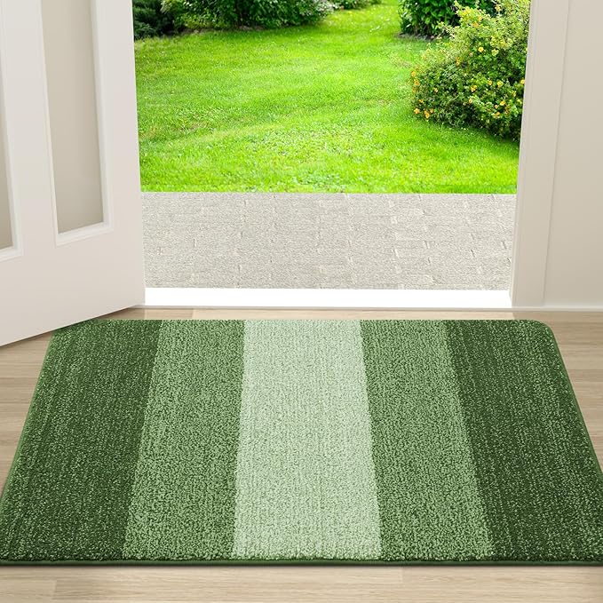 Kitinjoy Indoor Outdoor Door Mat, 30x17 Non-Slip Absorbent Dirt Trapper, Low-Profile Washable Inside Entrance Front Floor Mat, Sturdy Soft Entry Doormats for Entryway, Green