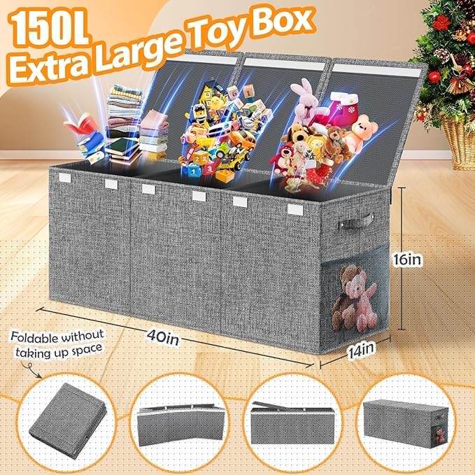 Extra Large Toy Storage Box with Lid Divider, Sturdy Collapsible Toys Organizer Chest Kids Storage Bins Boxes Baskets for Boys, Girls, Nursery, Bedroom, Living Room, Playroom, 40"x14"x16", Gray