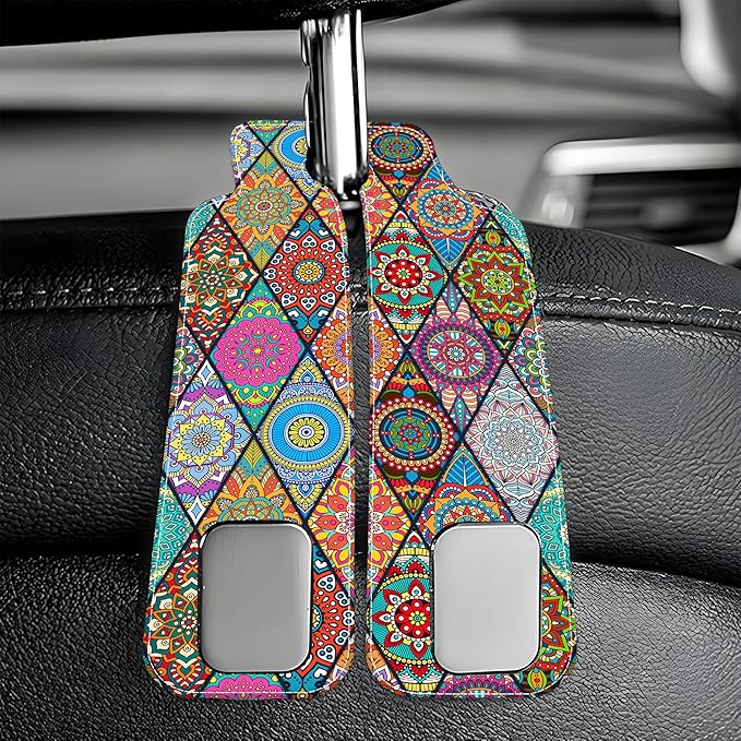 AEWNUNK Purse Hook for Car Vintage Boho Mandala Flowers 1 Pack Headrest Back Seat Hook Premium Leather Double Metal Hanger Storage Pack Bag Purse Holder Car Accessories