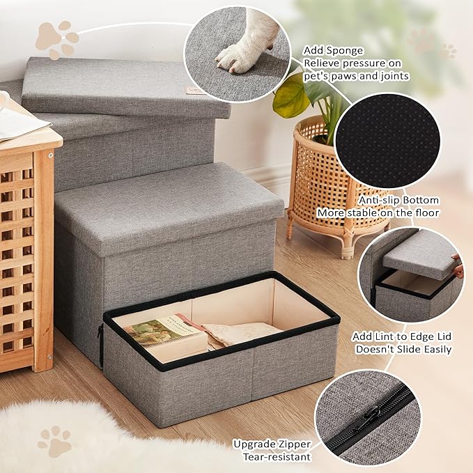 Love's cabin Dog Stairs for High Bed 18"H,Foldable Pet Stairs for Small Medium or Large Dogs Puppy with Storage for Bed or Couch, Cat Dog Steps Ramp with Zip up to 200 lbs(Solid Grey,3 Steps no Condo)