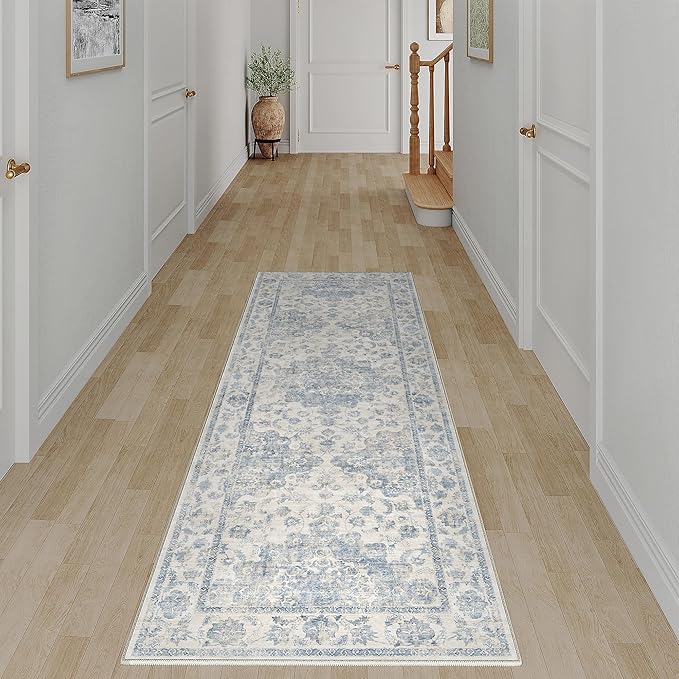 2x6 Washable Neutral Runner Rug Blue Vintage Hallway Kitchen Carpet Non-Slip Soft Low Pile Farmhouse Throw Rug for Bedroom Bathroom Laundry Living Room