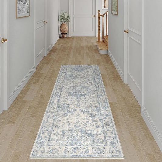 2x6 Washable Neutral Runner Rug Blue Vintage Hallway Kitchen Carpet Non-Slip Soft Low Pile Farmhouse Throw Rug for Bedroom Bathroom Laundry Living Room