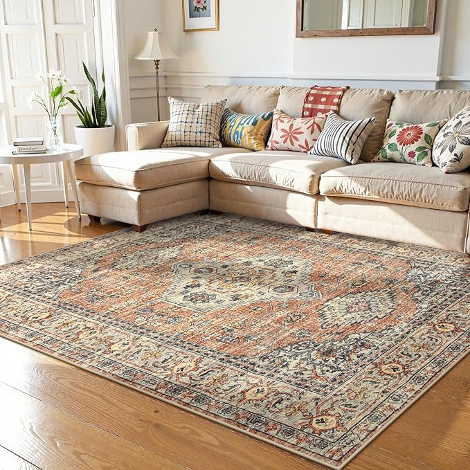 Lahome Oriental Washable Rugs 5x7, Soft 5x7 Rug for Bedroom Living Room, Ultra-Thin Non Slip Stain Resistant Vintage Throw Carpet for ‎Dining Room Office Eleanor, Peach/Orange