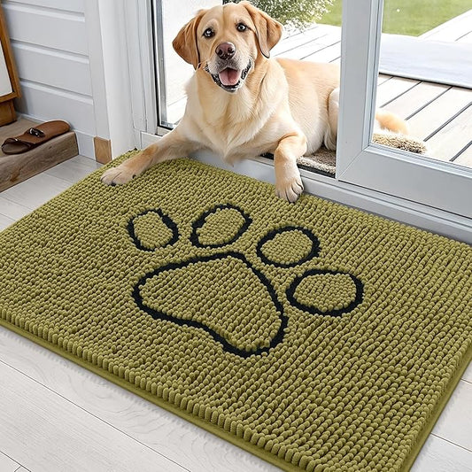 OLANLY Dog Door Mat for Muddy Paws 36x24, Paw Print Design, Absorbs Moisture and Dirt, Non-Slip Washable Doormat, Quick Dry Chenille Mud Mat for Dogs, Entry Indoor Entryway Carpet, Willow Green