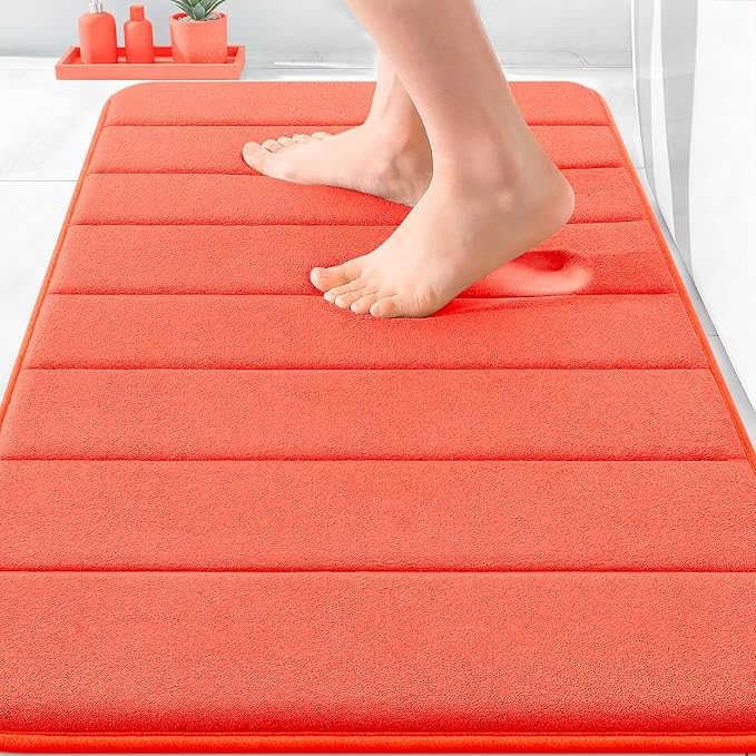 OLANLY Memory Foam Bath Mat 30x20, Super Soft Absorbent Bathroom Rugs, Quick Dry, Machine Washable Shower Floor Rugs, Bathmat Carpet, Bathroom Home Decor Accessories, Coral